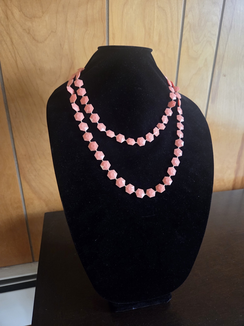 Vintage Costume Jewelry Coral Faceted Geometric Bead Necklace 50"
